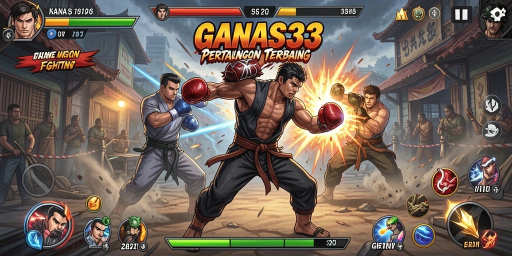 Tampilan gameplay dengan karakter bertarung di arena penuh aksi.