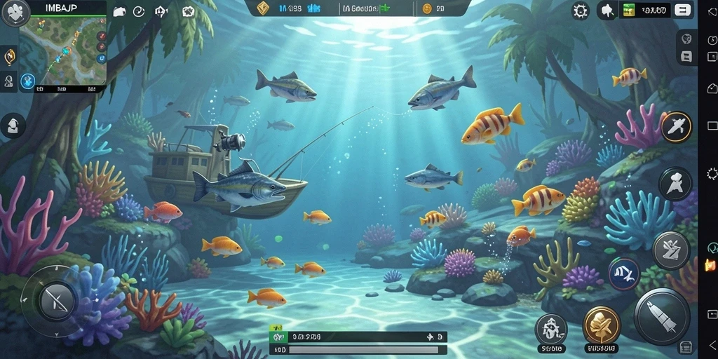 Screenshot gameplay IMBAJP dengan pemandangan memancing yang menakjubkan dan ikan besar.