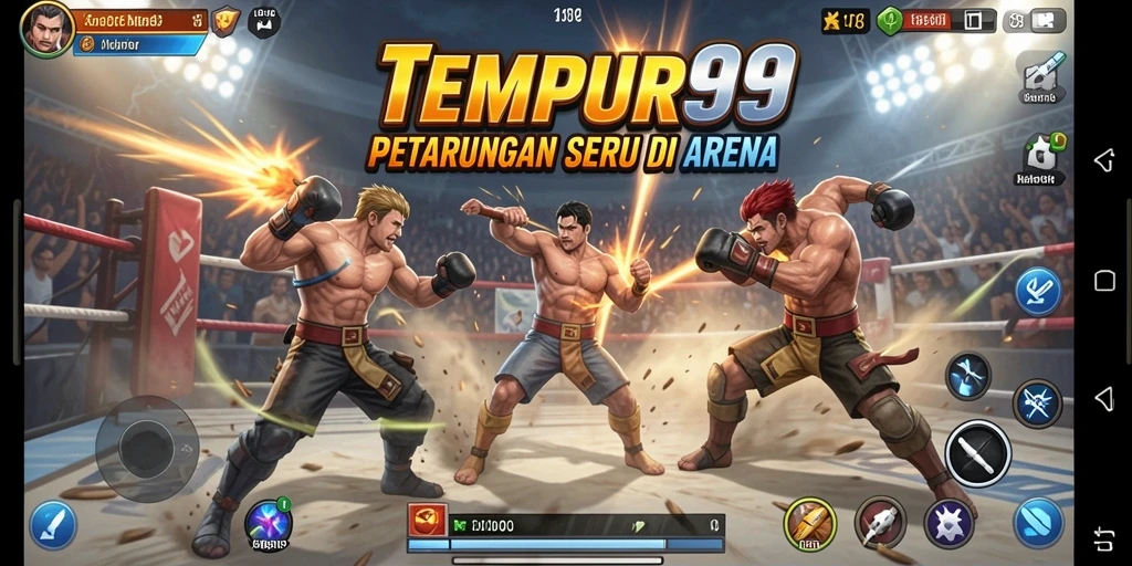 Gameplay seru TEMPUR99 dengan karakter bertarung terlihat jelas.